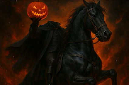 Een geschilderd beeld van de Headless Horseman die een jack-o-lantern beet heeft, stijgerend op een zwart paard