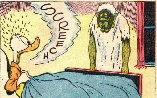 Donald Duck schrikt zich wakker met een zombie aan het voeteneind van zijn bed.