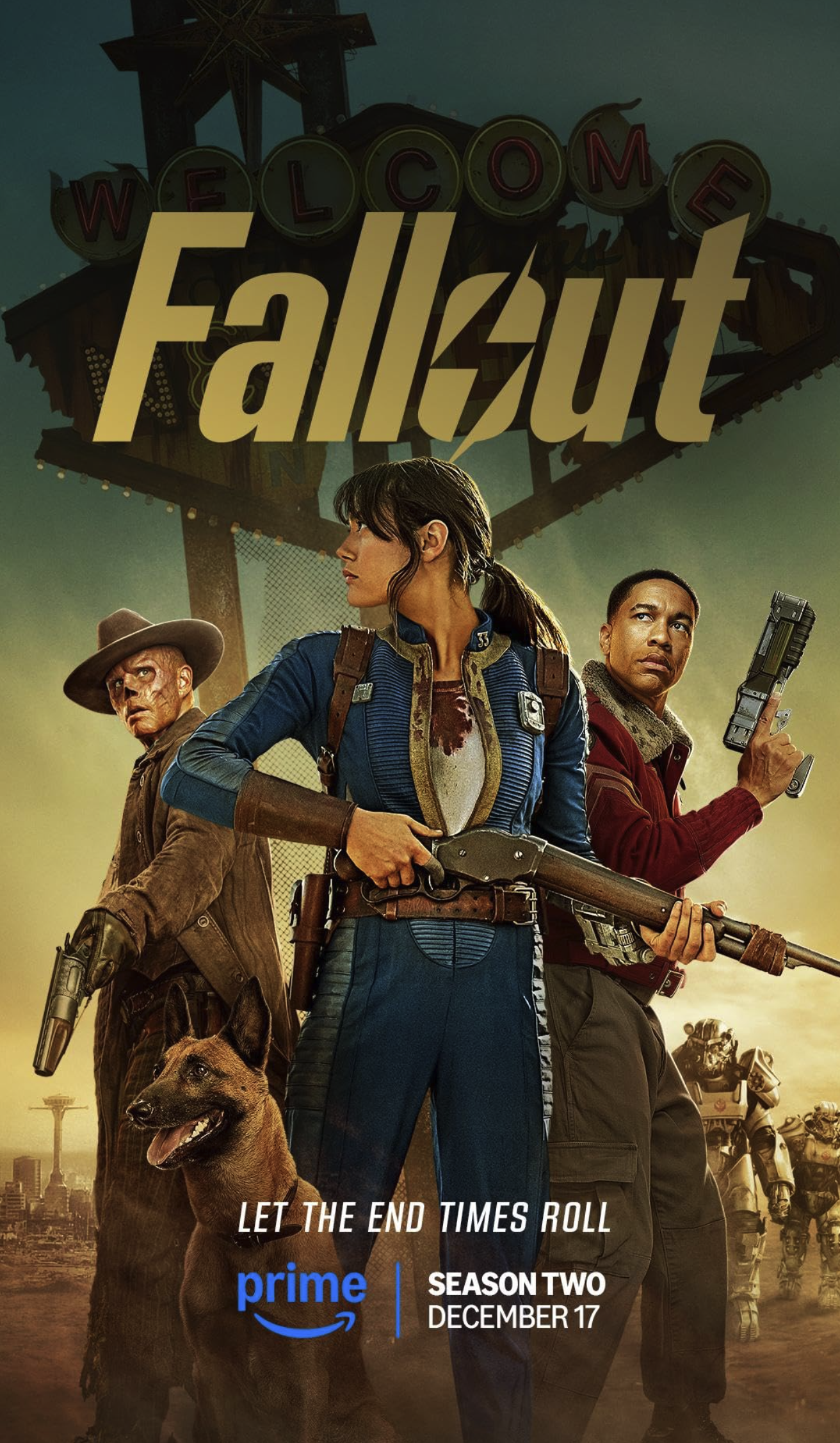 Posterafbeelding met daarop de hoofdkarakters uit de serie Fallout van Amazon Prime Video.