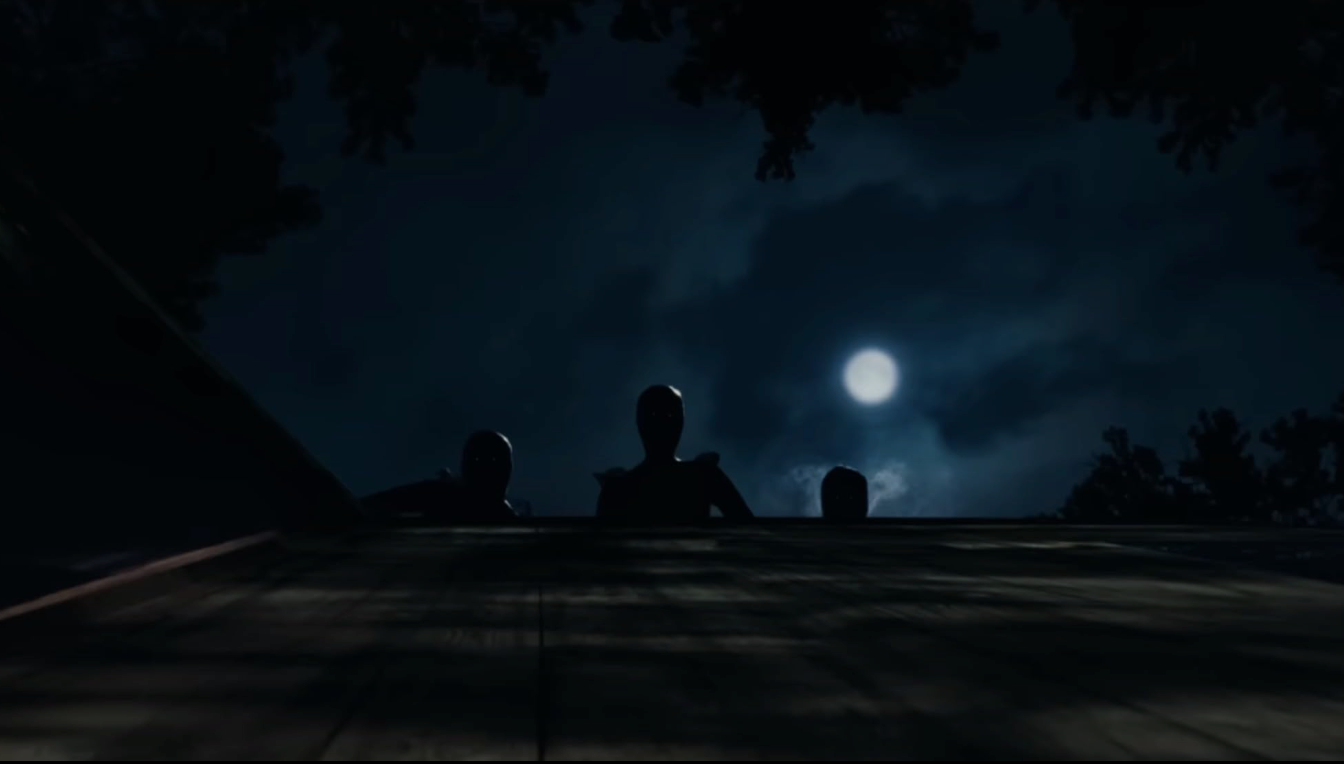 Drie mysterieuze gezichten die in het donker vanaf een dak naar beneden kijken