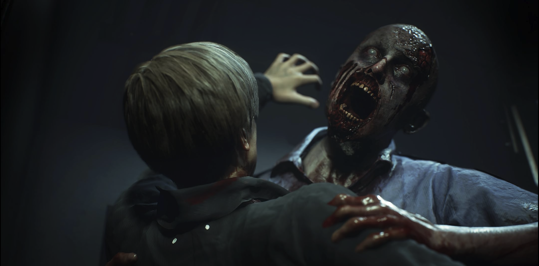 Afbeelding uit een game waarin een zombie een personage aanvalt.