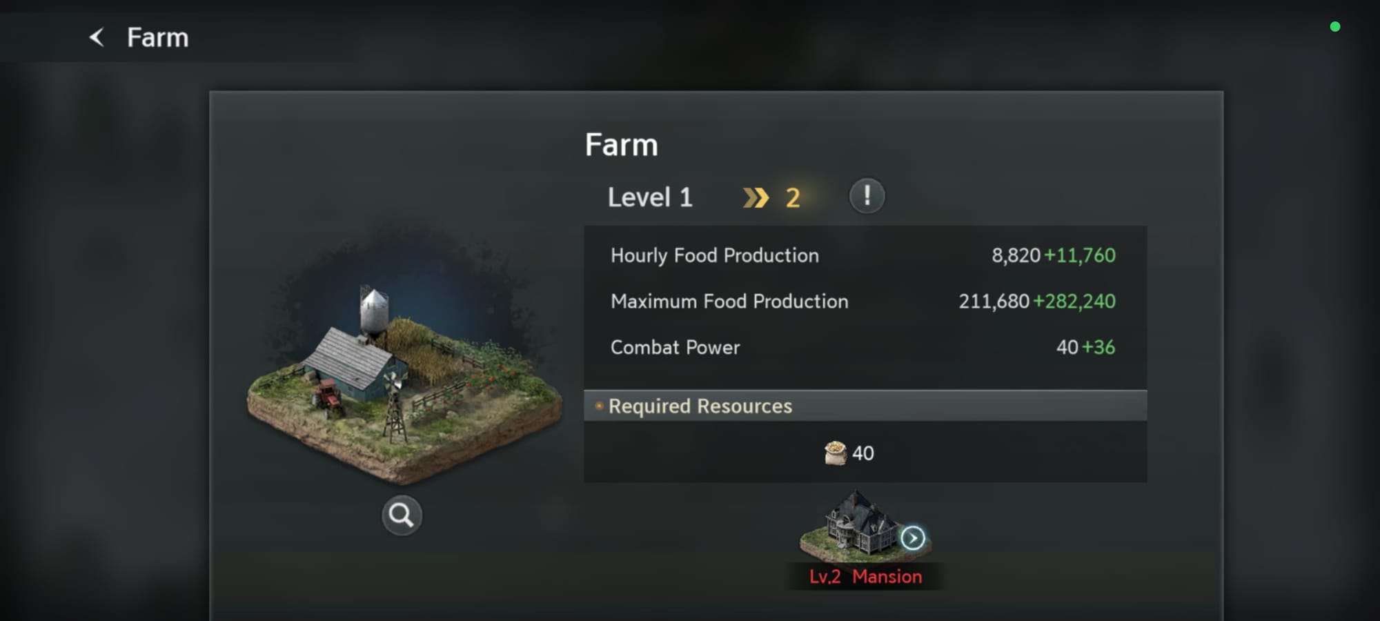 Een screenshot uit de game Resident Evil Survival Unit met daarop statistieken voor een te bouwen boerderij.