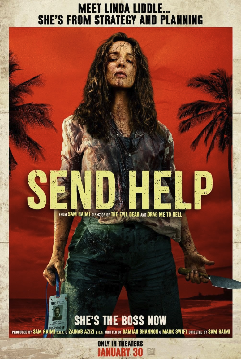 Poster voor de film Send Help met daarop een vrouw met lanyard en mes in een bloedrode exotische-eiland omgeving