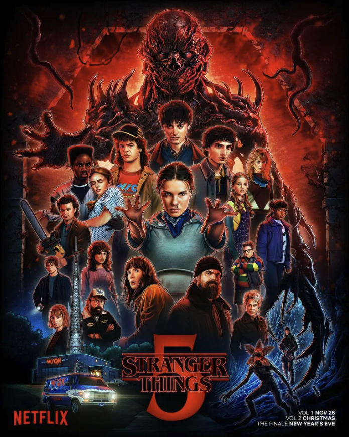 Afbeelding met de poster van Stranger Things seizoen 5 van Netflix, met daarop de hele cast van afgebeeld.