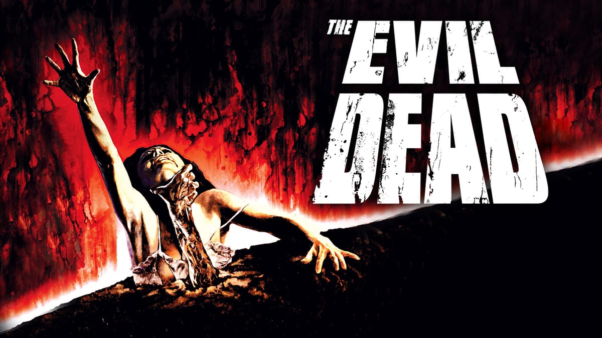 Key-art van de originele The Evil Dead, met tekst logo een een vrouw die de grond in wordt getrokken.