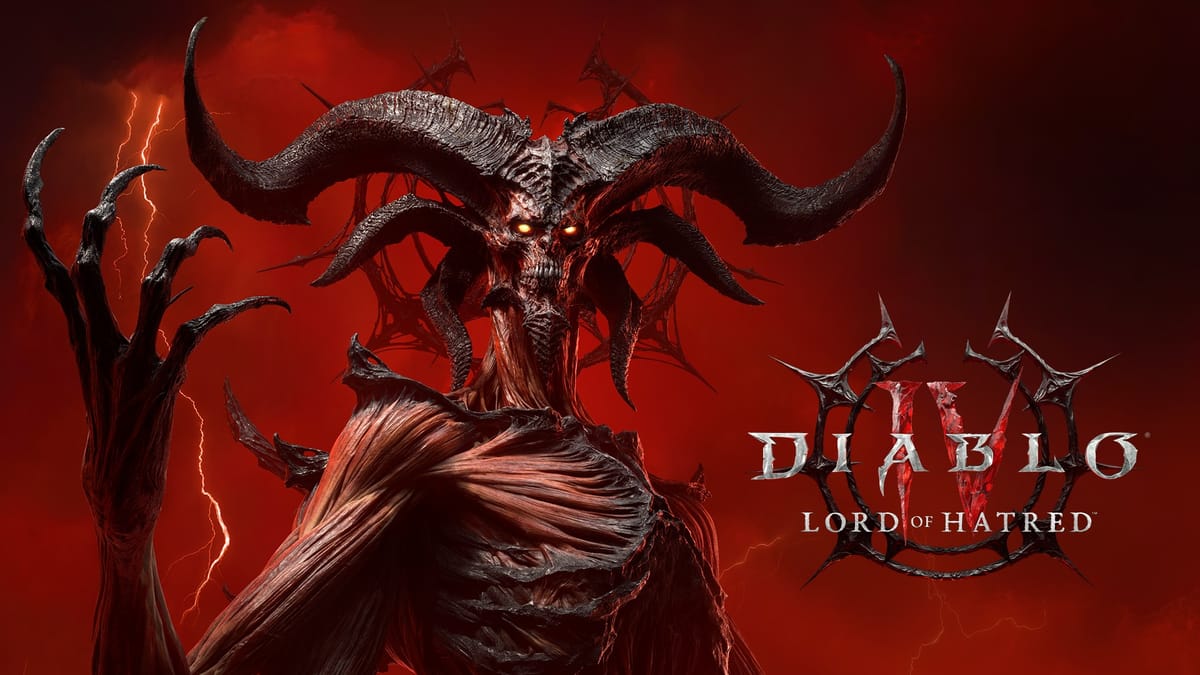 Titellogo voor Diablo 4: Lord of the Hatred met een rode demoon aan de linkerkant