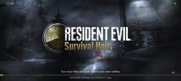 Een afbeelding met daarop het logo van het spel Resident Evil Survival Unit, waar je een auto ziet rijden met naast de weg een grote Umbrella billboard.