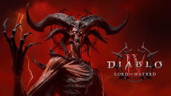 Titellogo voor Diablo 4: Lord of the Hatred met een rode demoon aan de linkerkant